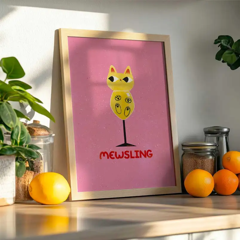 Affiche chat Mewsling avec humour autour du vin blanc et des chats.