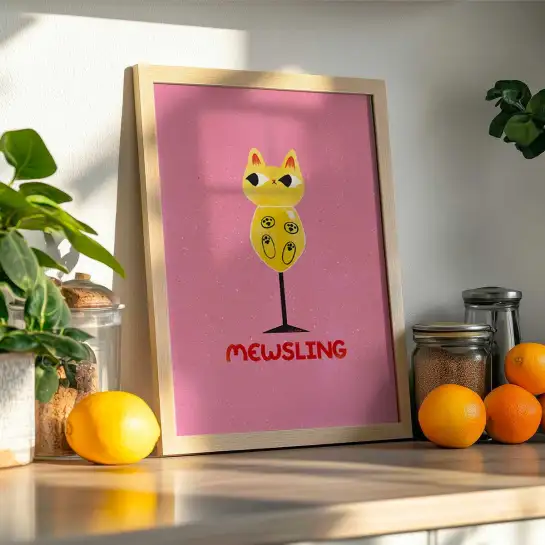 Affiche chat Mewsling avec humour autour du vin blanc et des chats.