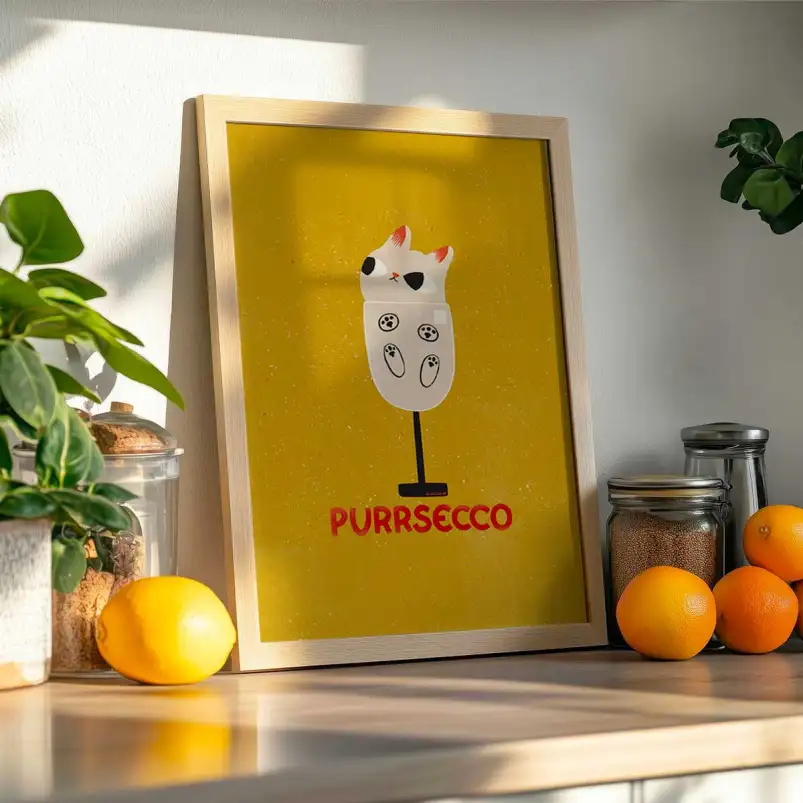 Affiche chat Purrsecco inspirée du prosecco avec un chat espiègle.
