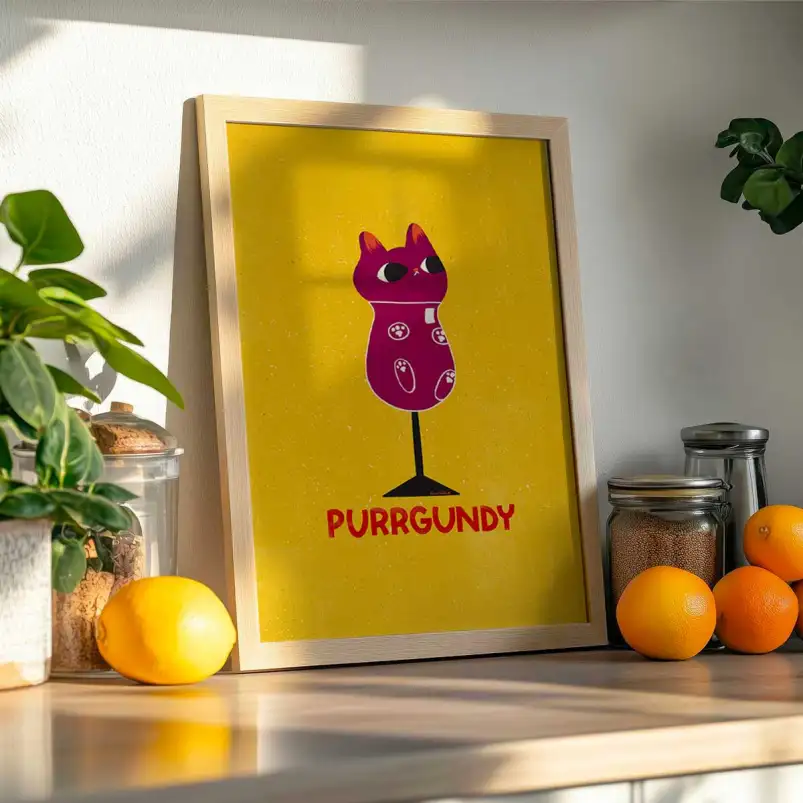 Affiche chat Purrgundy inspirée des vins de Bourgogne et du Pop Art.