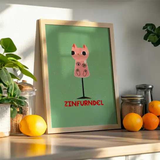 Affiche chat Zinfurndel avec une touche humoristique autour du vin.