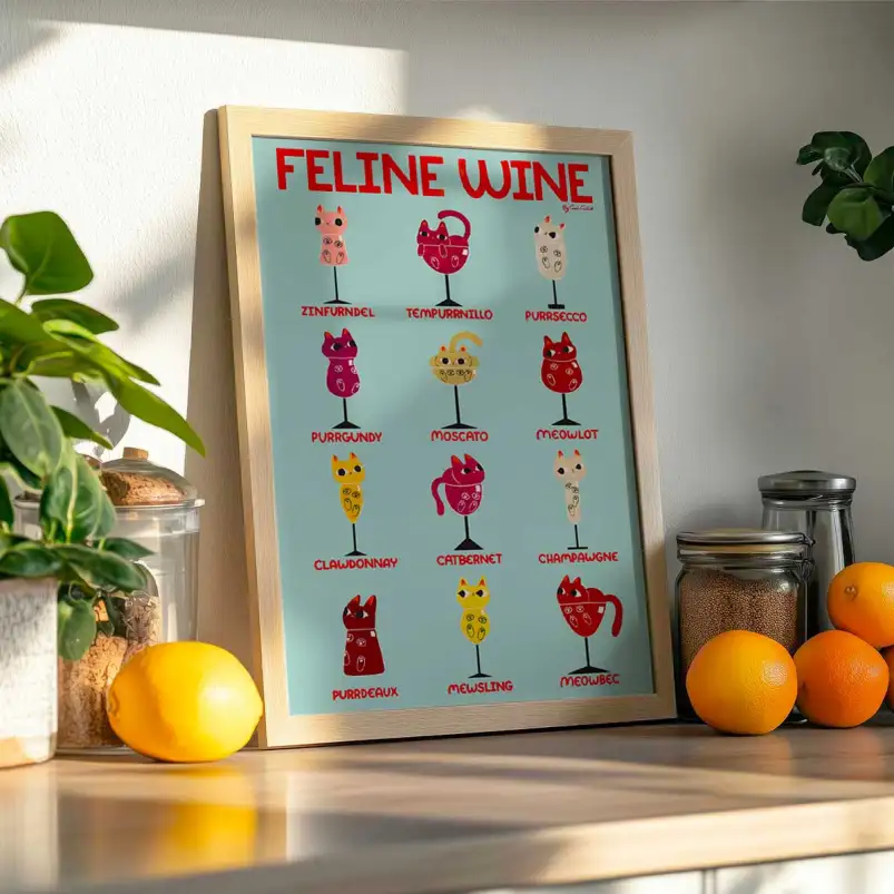 Affiche Feline Wine réunissant plusieurs chats amateurs de vin dans un style Pop Art.