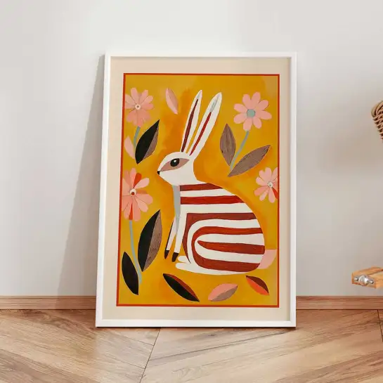 Affiche lapin illustration naïve tons jaunes