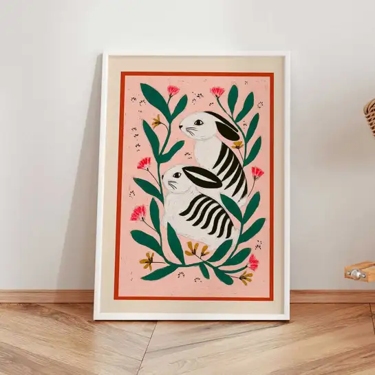 Affiche lapins illustration linogravure rose
