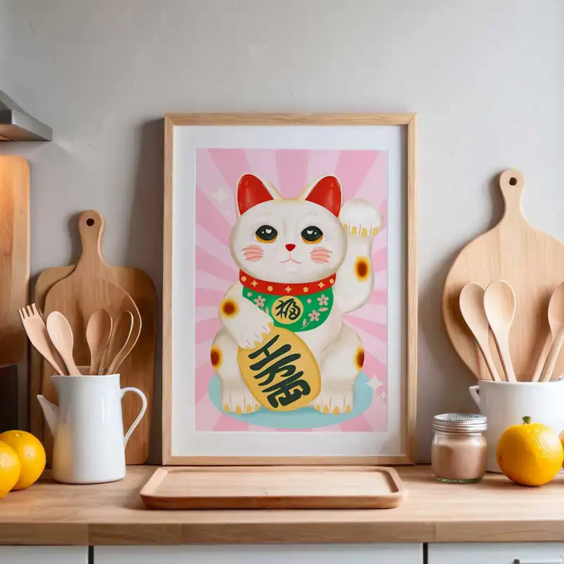 Affiche Maneki Neko illustration japonaise porte-bonheur