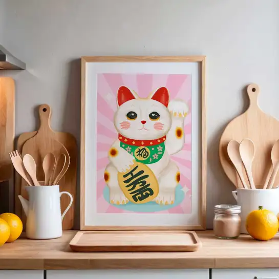 Affiche Maneki Neko illustration japonaise porte-bonheur