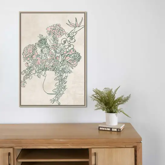 Une affiche florale minimaliste mettant en scène un bouquet dans un vase. Une décoration contemporaine aux lignes épurées.