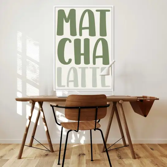 Une affiche Matcha Latte au design minimaliste vert sauge