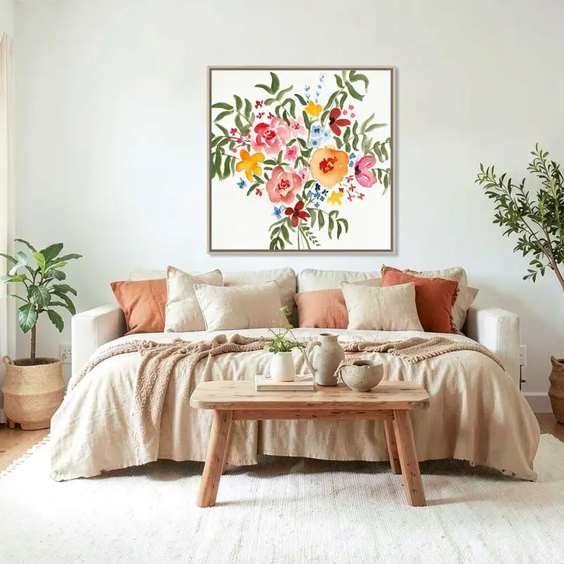 Une affiche de bouquet coloré en aquarelle pour illuminer votre intérieur avec une décoration florale joyeuse et intemporelle.