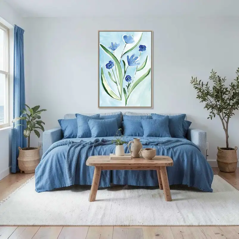 Une illustration botanique minimaliste aux fleurs bleues pour une décoration épurée