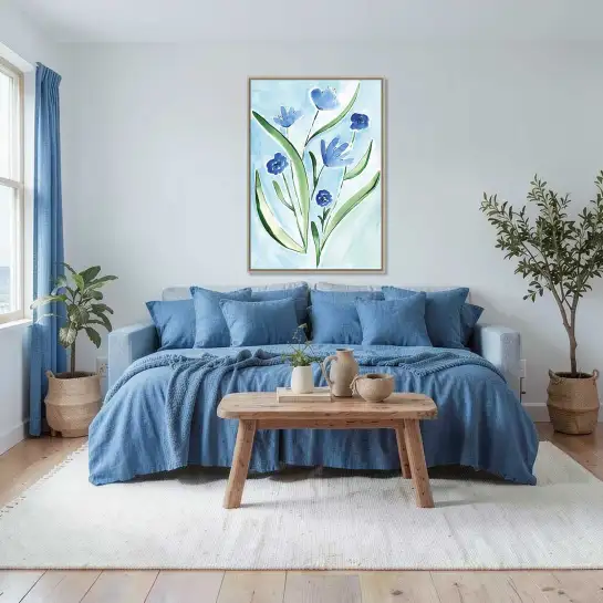 Une illustration botanique minimaliste aux fleurs bleues pour une décoration épurée