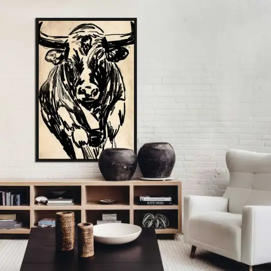 Une affiche expressive représentant un taureau dessiné au fusain. Une décoration contemporaine au caractère affirmé.