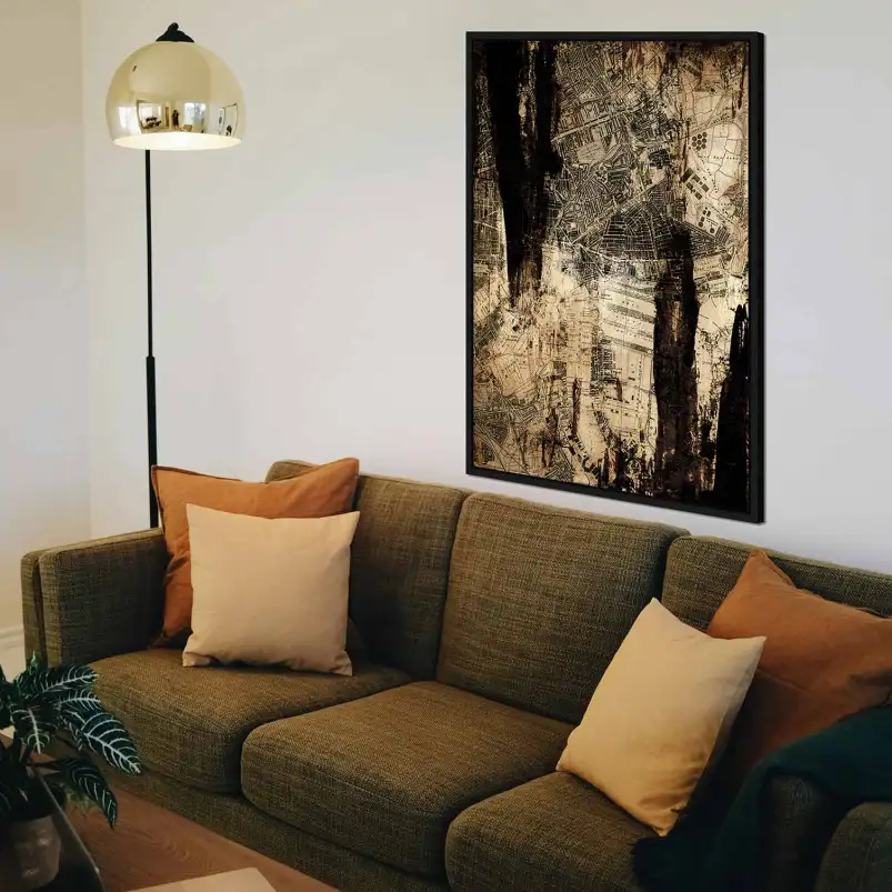 Une affiche mêlant carte ancienne et peinture abstraite pour une décoration originale au charme vintage.