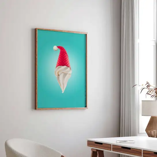 Affiche glace avec bonnet de Noël pour une décoration festive et humoristique.