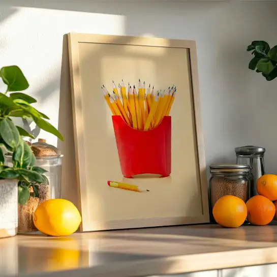 Affiche crayons et frites en style Pop Art pour une décoration murale fantaisiste.