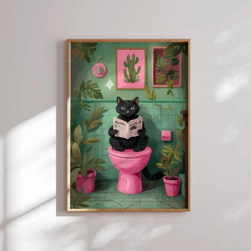 Affiche illustration chat noir toilettes