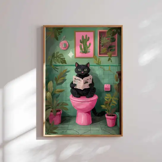Affiche illustration chat noir toilettes
