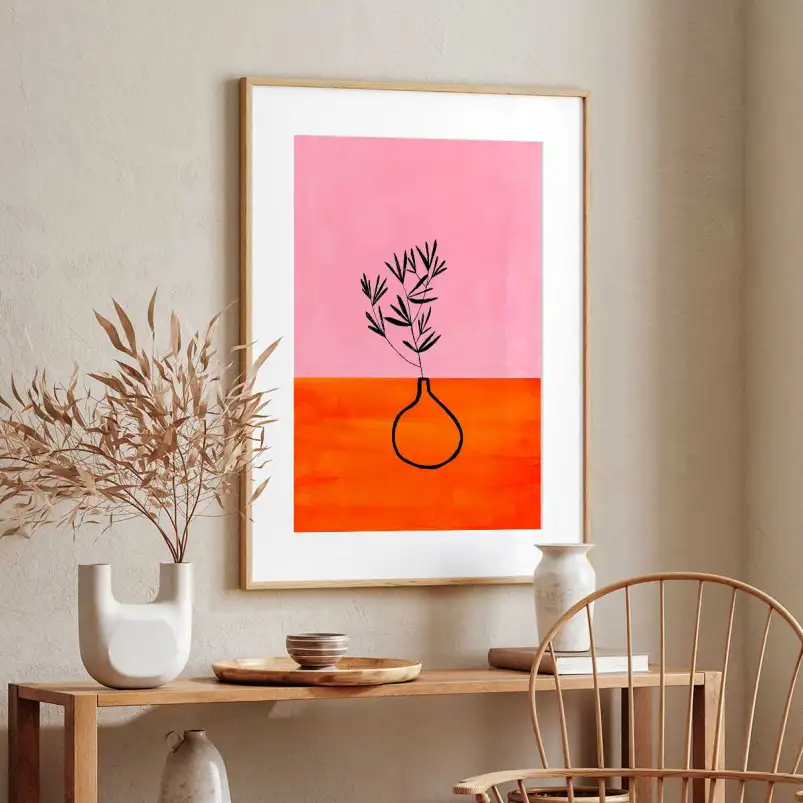 Tableau contemporain vase et feuillage