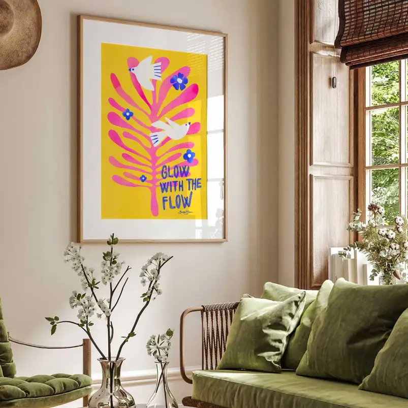 Affiche pop art colombe et feuillage rose