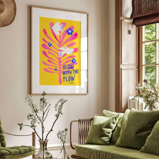 Affiche pop art colombe et feuillage rose