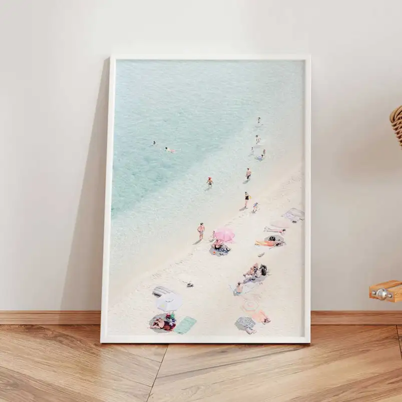 Affiche plage vue aérienne turquoise et baigneurs
