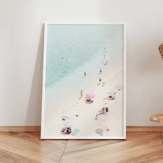 Affiche plage vue aérienne turquoise et baigneurs