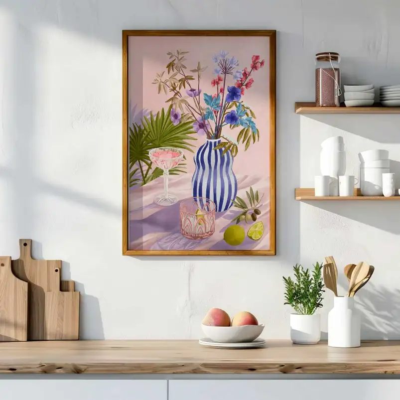 Affiche nature vase rayé bleu et bouquet de fleurs.