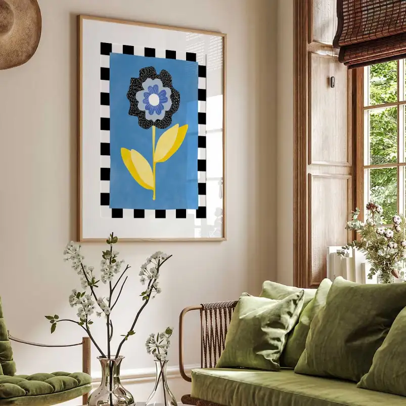 Affiche florale bordure damier