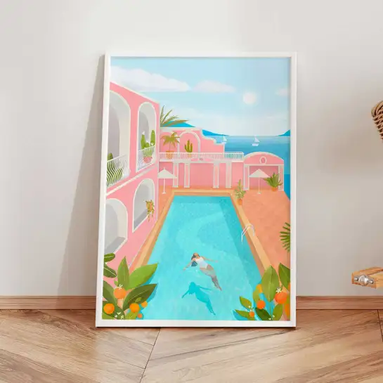 Affiche baignade villa rose et été méditerranéen