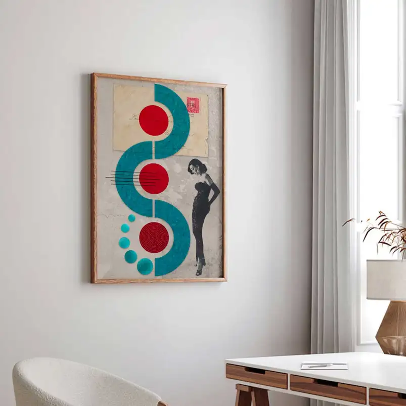 Affiche collage abstrait vintage bleu et rouge