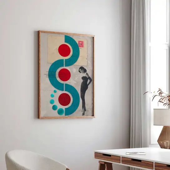 Affiche collage abstrait vintage bleu et rouge