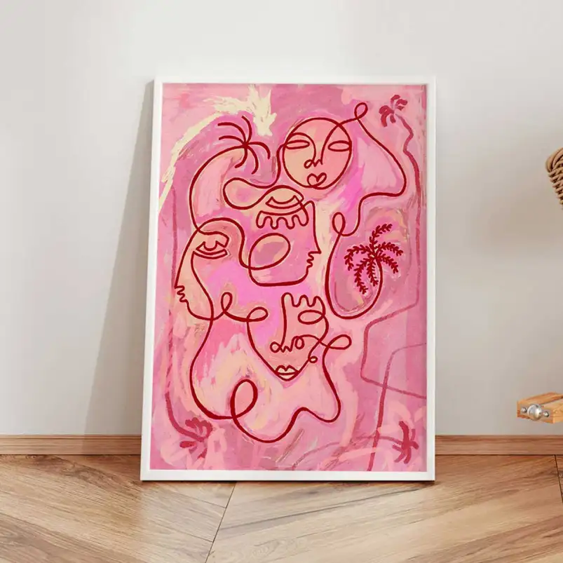 Affiche visages roses line art