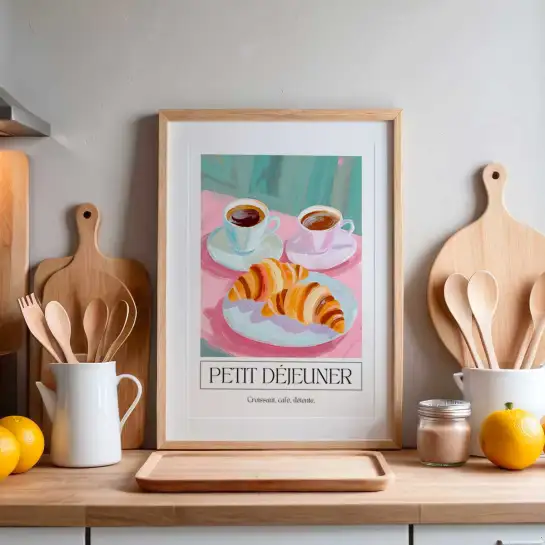 Affiche illustration café croissants petit déjeuner