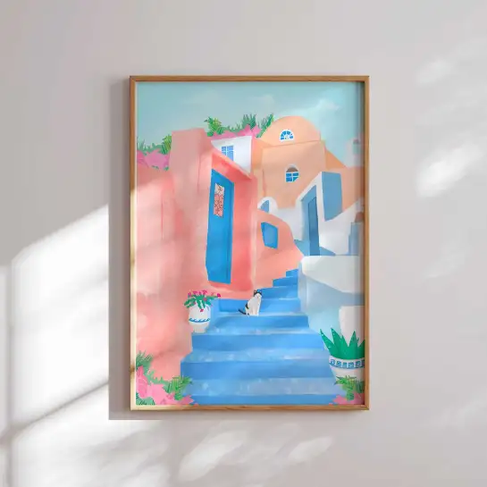 Affiche Grèce village blanc en Méditerranée