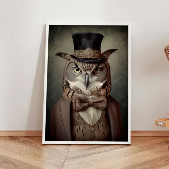 Affiche portrait hibou haut de forme dandy.