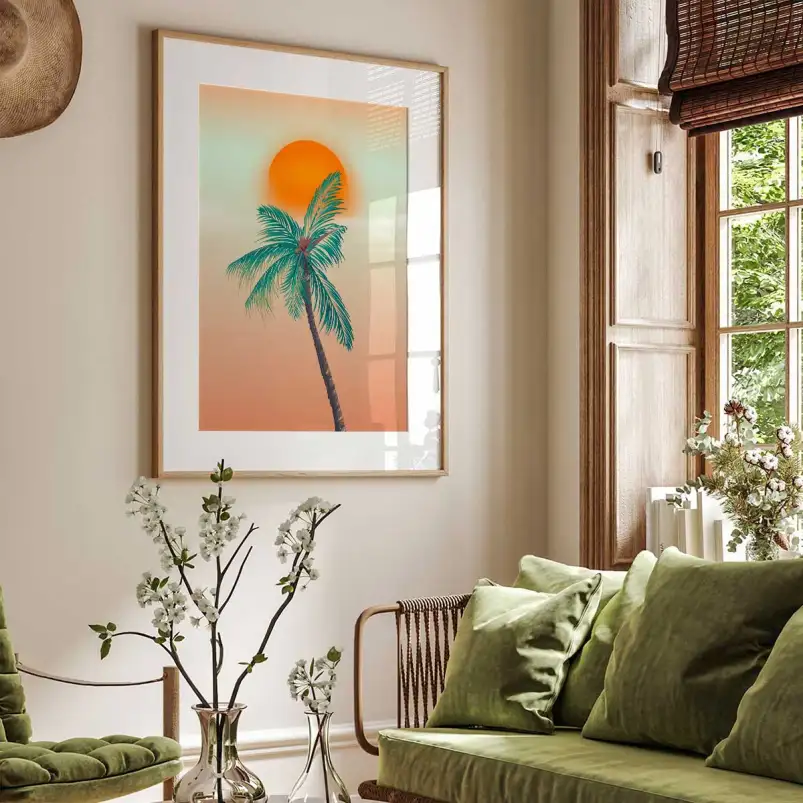 Affiche illustration palmier coucher de soleil