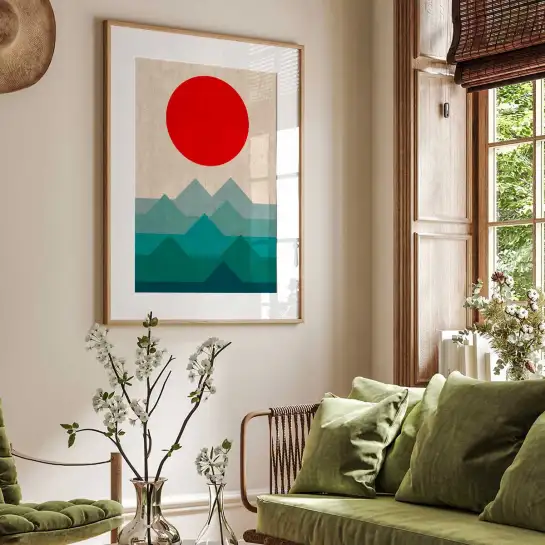 Affiche art abstrait soleil rouge montagnes