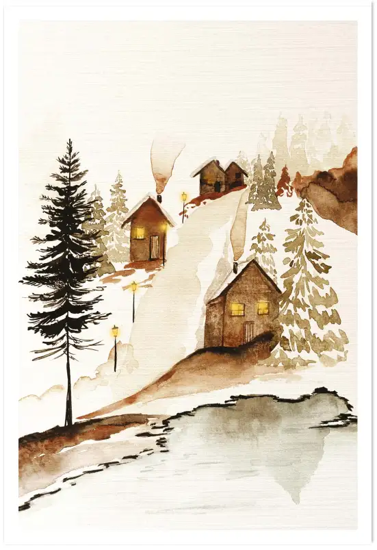 Tableau Village Enneigé à l’Aquarelle - Décoration Murale d’Hiver Cozy