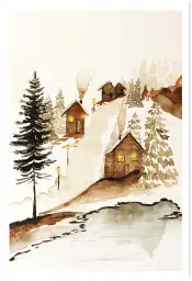 Tableau Village Enneigé à l’Aquarelle - Décoration Murale d’Hiver Cozy