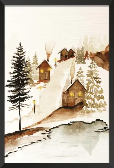 Tableau Village Enneigé à l’Aquarelle - Décoration Murale d’Hiver Cozy