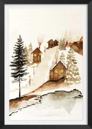 Tableau Village Enneigé à l’Aquarelle - Décoration Murale d’Hiver Cozy