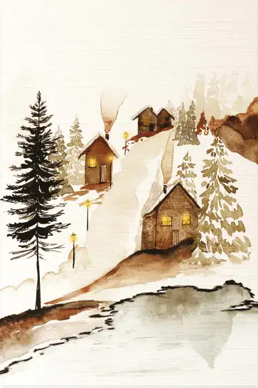 Tableau Village Enneigé à l’Aquarelle - Décoration Murale d’Hiver Cozy