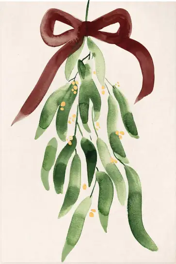 Tableau Sous le Gui à l’Aquarelle - Illustration Botanique de Noël