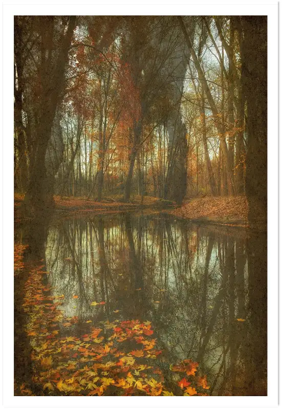Tableau Paysage Automnal à l’Aquarelle - Étang aux Feuilles Rouges