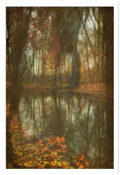 Tableau Paysage Automnal à l’Aquarelle - Étang aux Feuilles Rouges
