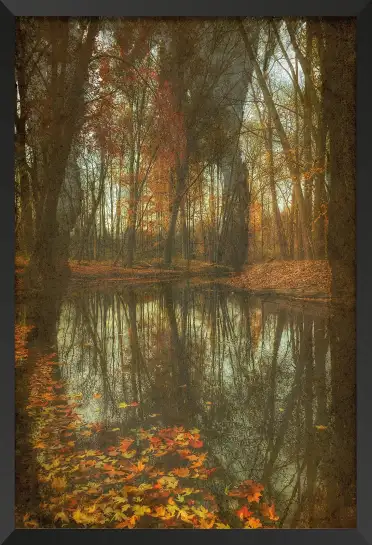 Tableau Paysage Automnal à l’Aquarelle - Étang aux Feuilles Rouges