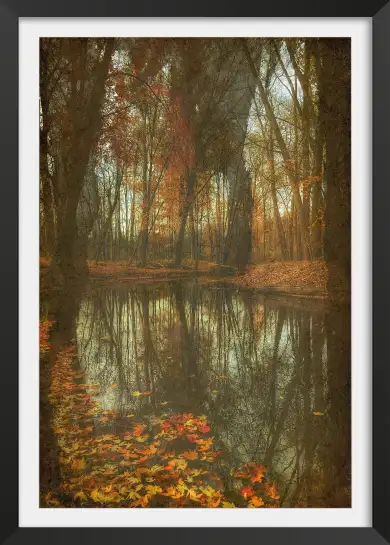 Tableau Paysage Automnal à l’Aquarelle - Étang aux Feuilles Rouges