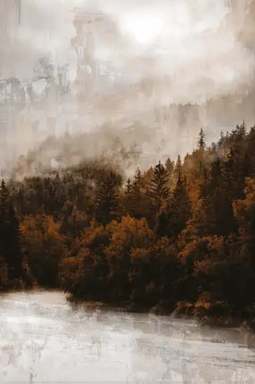 Affiche Paysage d’Automne à l’Aquarelle - Sapins dans la Brume