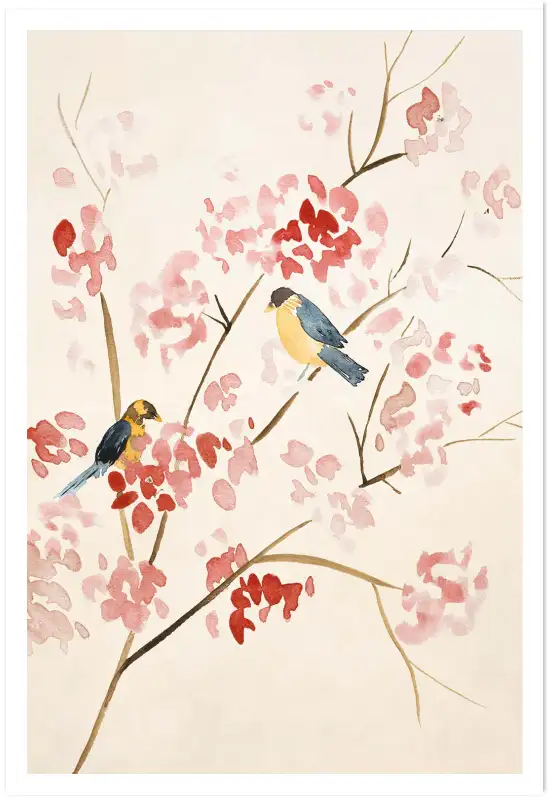 Affiche Japonaise à l’Aquarelle - Mésanges et Cerisier en Fleurs