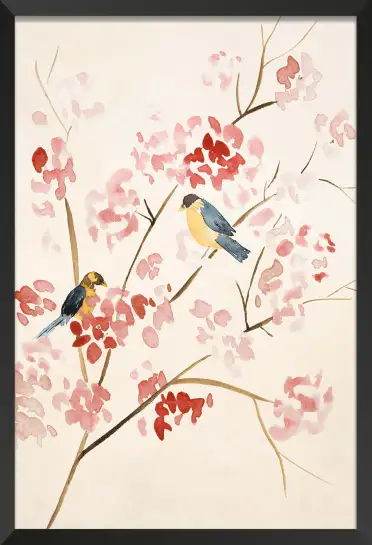 Affiche Japonaise à l’Aquarelle - Mésanges et Cerisier en Fleurs